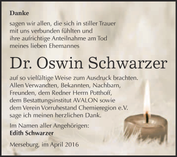 Traueranzeige von Oswin Schwarzer von WVG - Wochenspiegel Merseburg