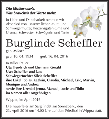 Traueranzeige von Burglinde Scheffler von Mitteldeutsche Zeitung Mansfelder Land