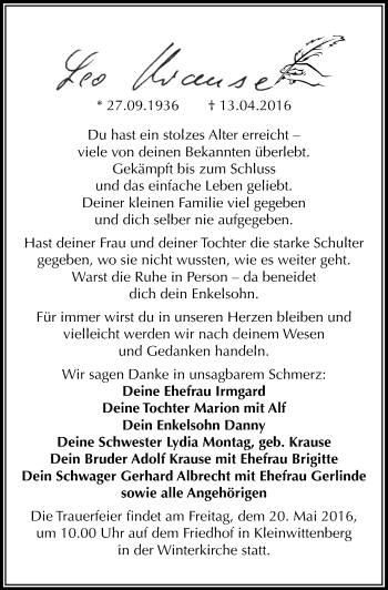Traueranzeige von Leo Krause von Mitteldeutsche Zeitung Wittenberg