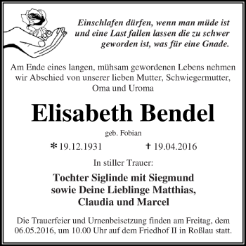 Traueranzeige von Elisabeth Bendel von WVG - Wochenspiegel Dessau / Köthen