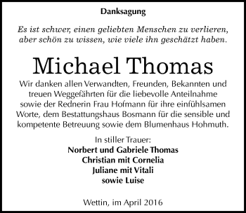 Traueranzeige von Michael Thomas von Mitteldeutsche Zeitung Halle/Saalkreis