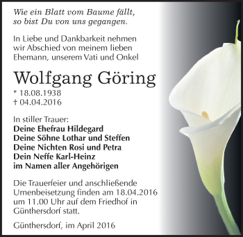 Traueranzeige von Wolfgang Göring von Mitteldeutsche Zeitung Merseburg/Querfurt
