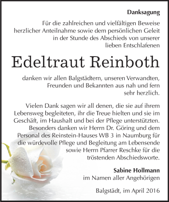 Traueranzeige von Edeltraut Reinboth von Mitteldeutsche Zeitung Naumburg/Nebra