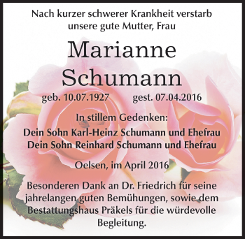 Traueranzeige von Marianne Schumann von Mitteldeutsche Zeitung Zeitz