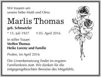 Traueranzeige von Marlis Thomas von Mitteldeutsche Zeitung Zeitz