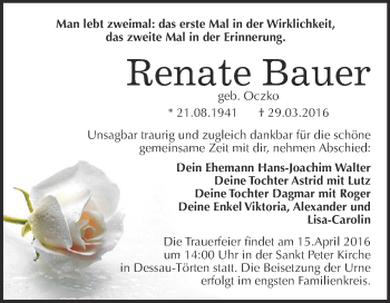 Traueranzeige von Renate Bauer von WVG - Wochenspiegel Dessau / Köthen