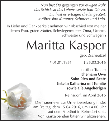 Traueranzeige von Maitta Kasper von WVG - Wochenspiegel NMB / WSF / ZTZ
