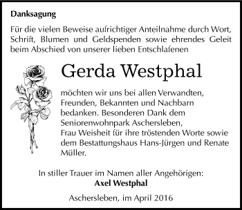 Traueranzeige von Gerda Westphal von Mitteldeutsche Zeitung Aschersleben