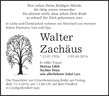 Traueranzeige von Walter Zachäus von Super Sonntag Merseburg