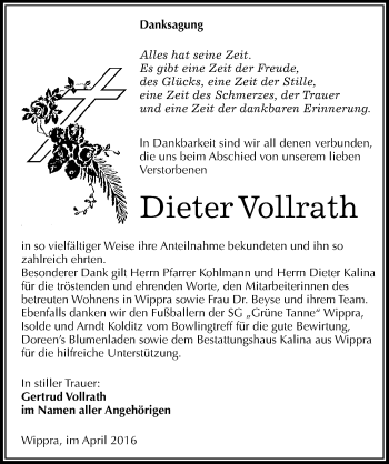 Traueranzeige von Dieter Vollrath von Mitteldeutsche Zeitung Mansfelder Land
