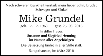 Traueranzeige von Mike Grundel von Mitteldeutsche Zeitung Sangerhausen