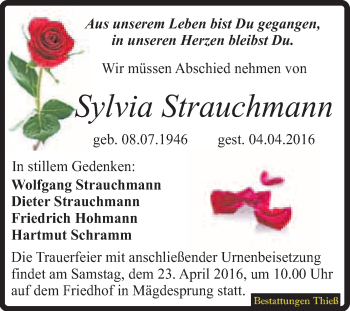 Traueranzeige von Sylvia Strauchmann von Super Sonntag Quedlinburg
