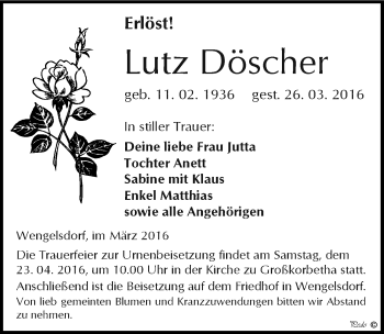 Traueranzeige von Lutz Döscher von Mitteldeutsche Zeitung Weißenfels