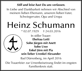 Traueranzeige von Heinz Schumann von Mitteldeutsche Zeitung Merseburg/Querfurt