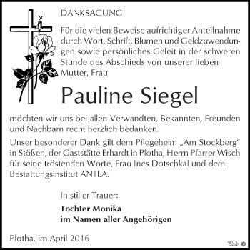Traueranzeige von Pauline Siegel von WVG - Wochenspiegel NMB / WSF / ZTZ
