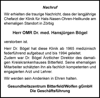 Traueranzeige von Hansjürgen Bögel von Mitteldeutsche Zeitung Bitterfeld