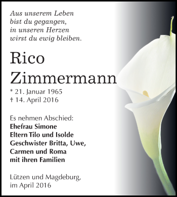 Traueranzeige von Rico Zimmermann von Super Sonntag Merseburg