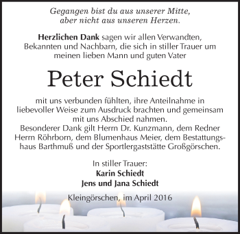 Traueranzeige von Peter Schiedt von Mitteldeutsche Zeitung Weißenfels