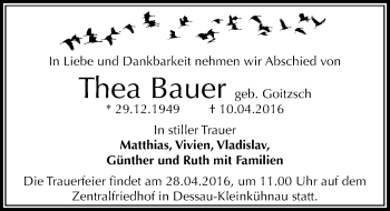 Traueranzeige von Thea Bauer von Mitteldeutsche Zeitung Dessau-Roßlau