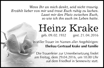 Traueranzeige von Heinz Krake von Mitteldeutsche Zeitung Halle/Saalkreis