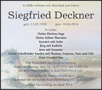 Traueranzeige von Siegfried Deckner von Super Sonntag Merseburg