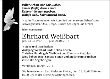 Traueranzeige von Ehrhard Weißbart von Mitteldeutsche Zeitung Aschersleben