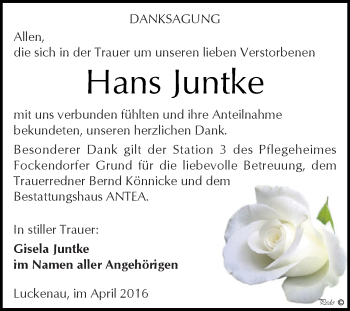 Traueranzeige von Hans Juntke von Super Sonntag Zeitz