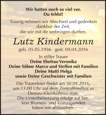Traueranzeige von Lutz Kindermann von Mitteldeutsche Zeitung Dessau-Roßlau