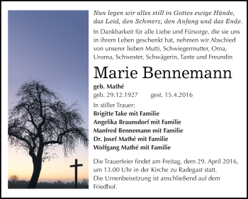 Traueranzeige von Marie Bennemann von WVG - Wochenspiegel Dessau / Köthen