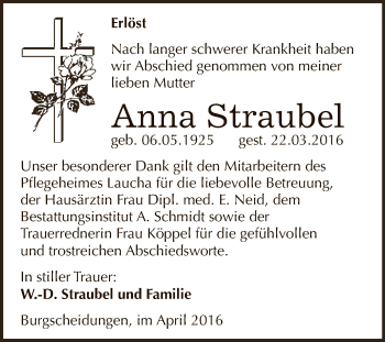 Traueranzeige von Anna Straudel von WVG - Wochenspiegel NMB / WSF / ZTZ