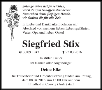 Traueranzeige von Siegfried Stix von WVG - Wochenspiegel Dessau / Köthen