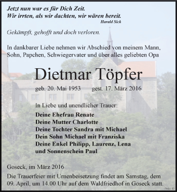 Traueranzeige von Dietmar Töpfer von Mitteldeutsche Zeitung Weißenfels