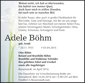 Traueranzeige von Adele Böhm von Mitteldeutsche Zeitung Halle/Saalkreis