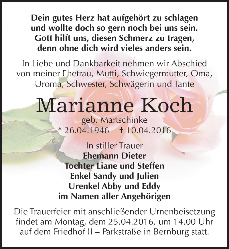  Traueranzeige für Marianne Koch vom 16.04.2016 aus Mitteldeutsche Zeitung Bernburg