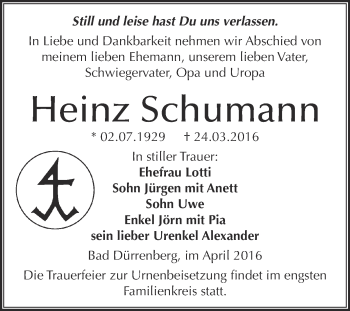 Traueranzeige von Heinz Schumann von Super Sonntag Merseburg