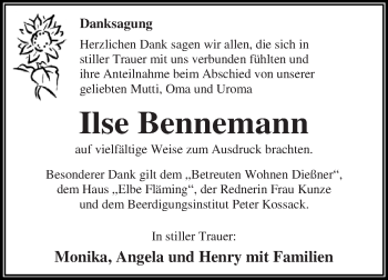 Traueranzeige von Ilse Bennemann von WVG - Wochenspiegel Dessau / Köthen