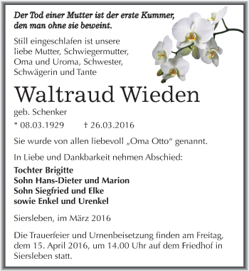 Traueranzeige von Waltraud Wieden von Mitteldeutsche Zeitung Mansfelder Land