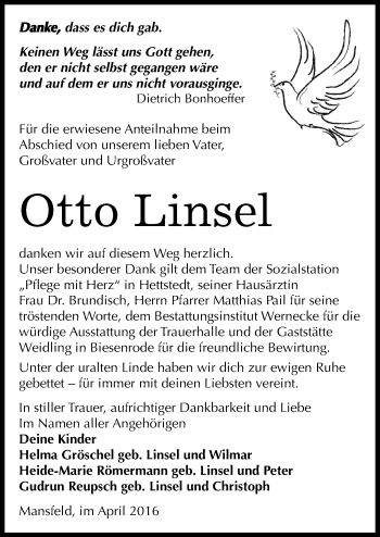 Traueranzeige von Otto Linsel von Mitteldeutsche Zeitung Mansfelder Land