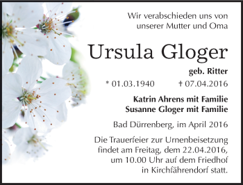 Traueranzeige von Ursula Gloger von Mitteldeutsche Zeitung Merseburg/Querfurt