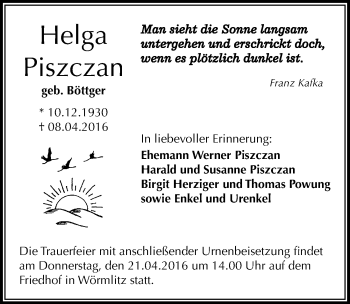 Traueranzeige von Helga Piszczan von Mitteldeutsche Zeitung Halle/Saalkreis