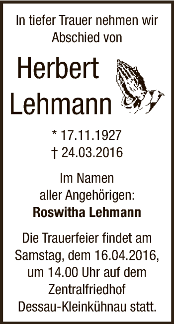 Traueranzeige von Hubert Lehmann von WVG - Wochenspiegel Dessau / Köthen