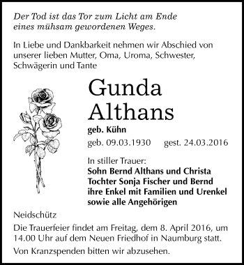 Traueranzeige von Gunda Althans von Mitteldeutsche Zeitung Naumburg/Nebra
