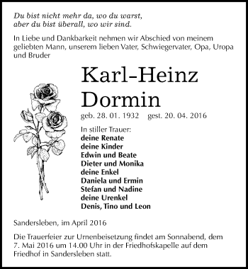 Traueranzeige von Karl-Heinz Dormin von Mitteldeutsche Zeitung Mansfelder Land
