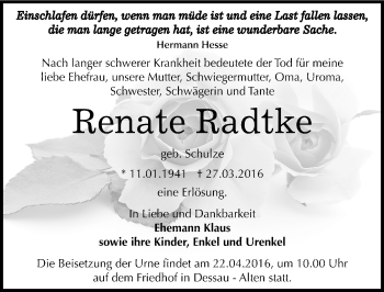 Traueranzeige von Renate Radtke von Mitteldeutsche Zeitung Köthen