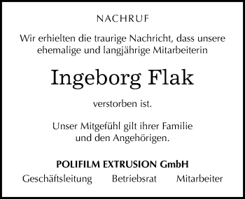 Traueranzeige von Ingeborg Flak von Mitteldeutsche Zeitung Köthen