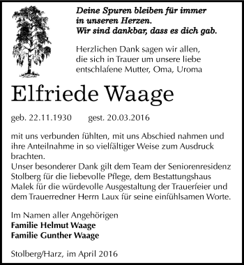 Traueranzeige von Elfriede Waage von Mitteldeutsche Zeitung Sangerhausen