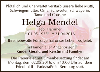Traueranzeige von Helga Mendel von Super Sonntag Bernburg