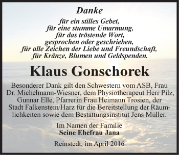 Traueranzeige von Klaus Gonschorek von Mitteldeutsche Zeitung Quedlinburg