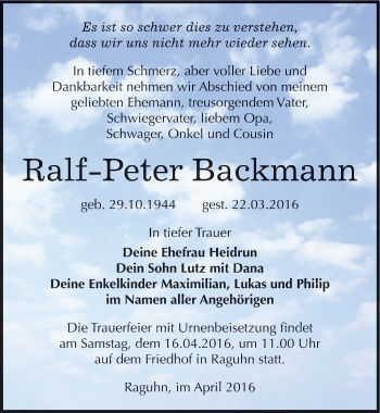 Traueranzeige von Ralf-Peter Backmann von Mitteldeutsche Zeitung Bitterfeld