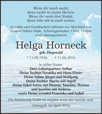Traueranzeige von Helga Horneck von Super Sonntag Wittenberg